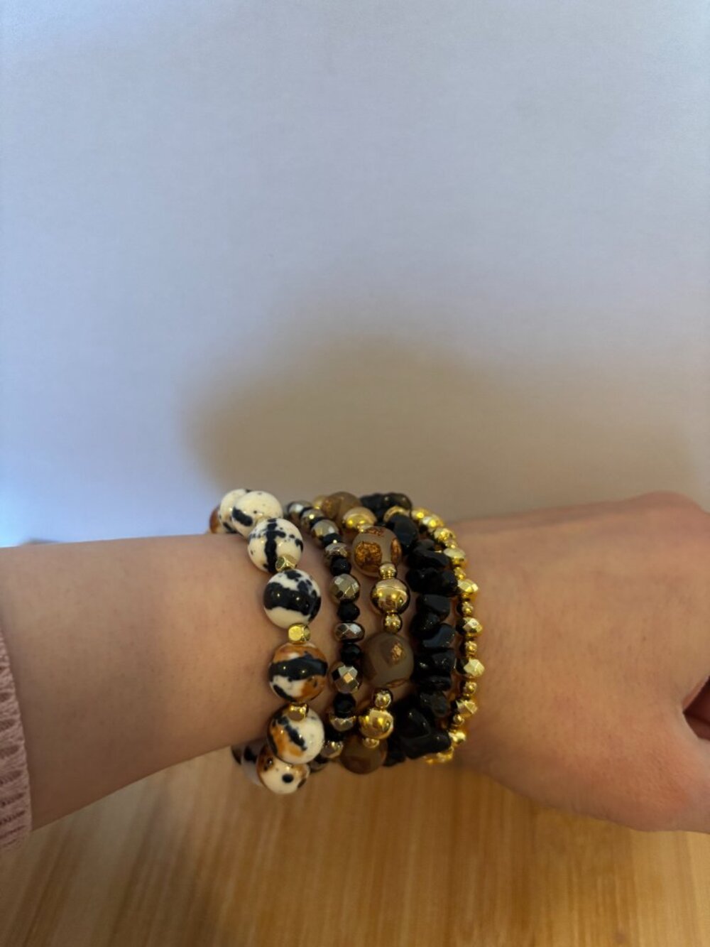 Handmade Gemstone Stretch 5 Bracelet Stack - Onyx, Agate, Hematite & Gold-Tone